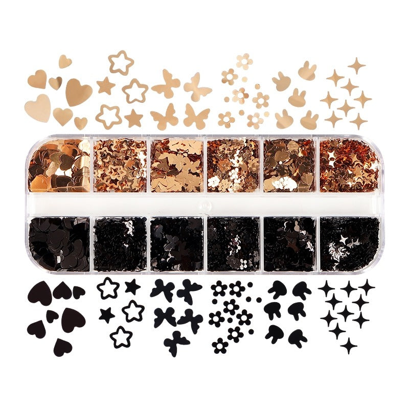 Wholesale 12-grid Box Black Gold Retro Series Nail Art Sequins Butterfly Love Star Rabbit Sweet Cool Nail Glitter Accessories